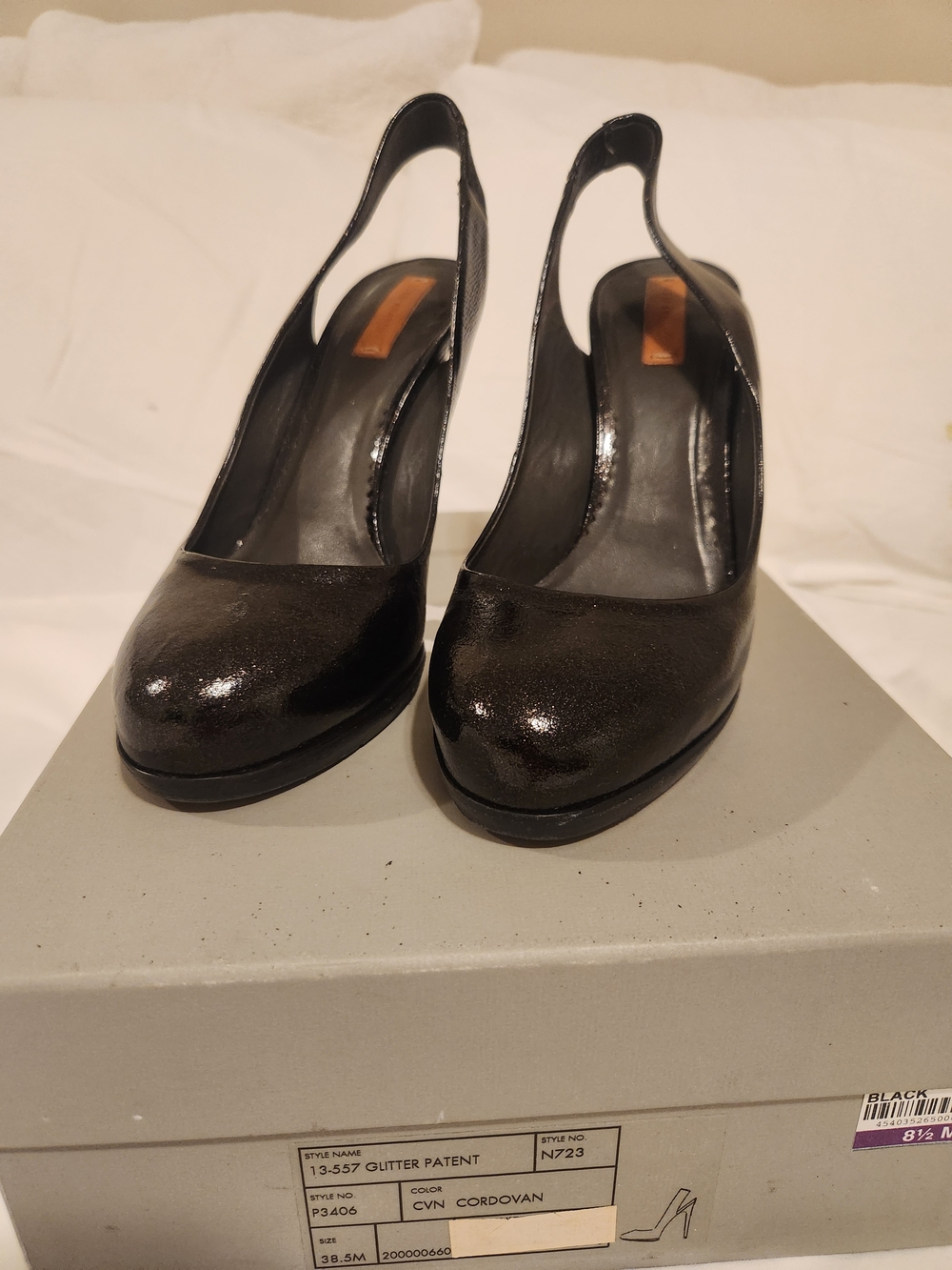 Reed Krakoff Black Glitter Patent Slingback Heels
